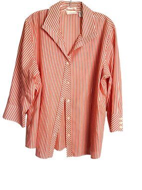 Red/White Striped  Shirt By Chicos No-Iron Size 3 3/4 Sleeves 100% Cotton